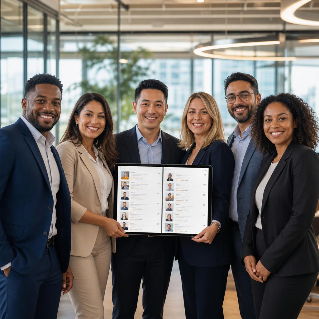 Business owners networking with a directory dashboard